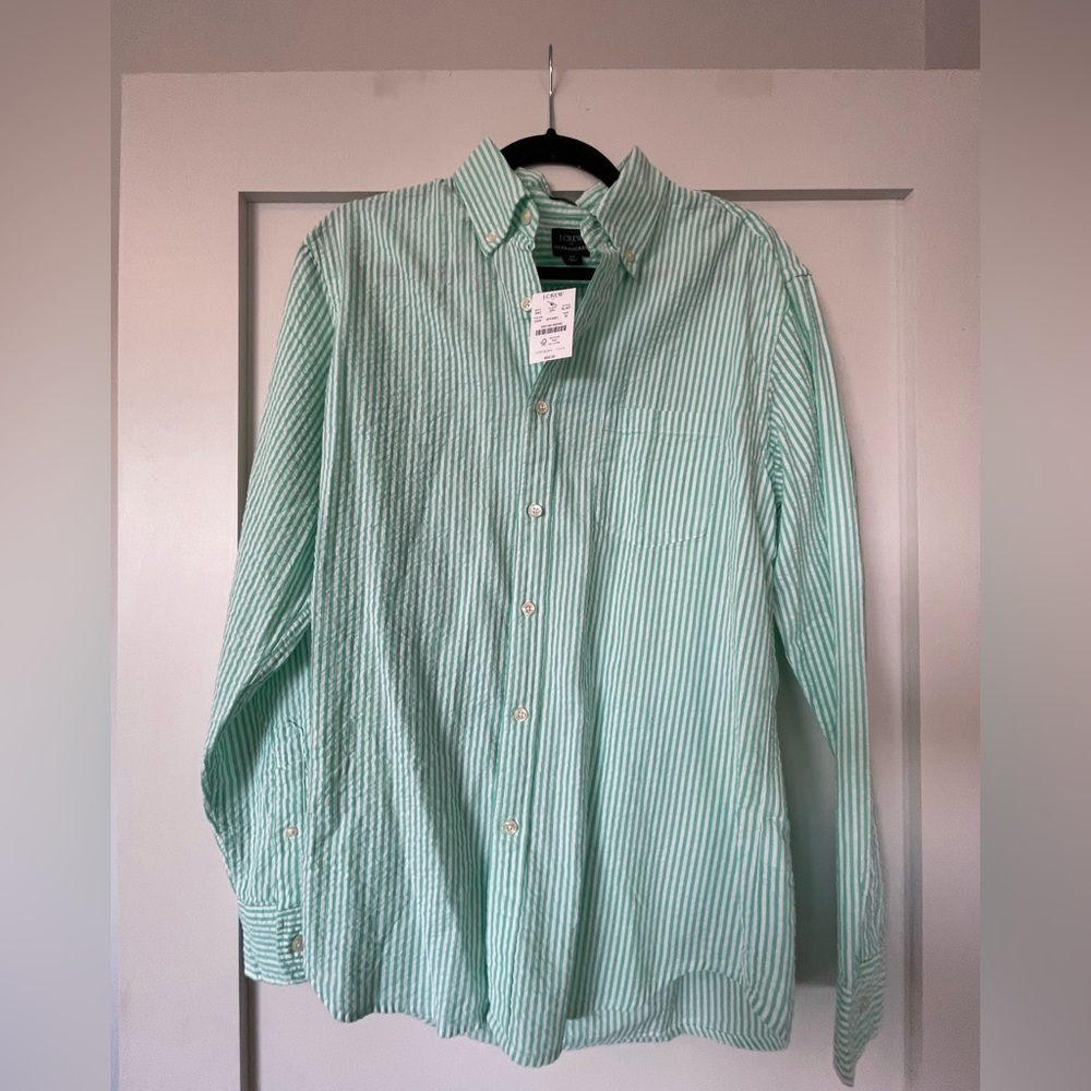 J. Crew green and white striped seersucker button up shirt